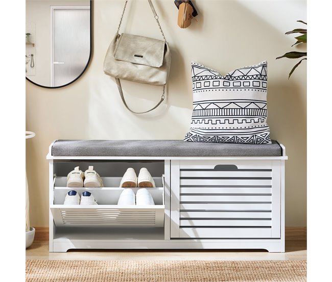 Banco para sapatos com 2 portas e 1 almofada FSR184-W SoBuy PT Branco