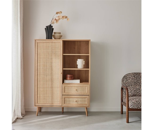 Aparador de arrumação em madeira e cana 1 porta, 2 gavetas 101 Madeira