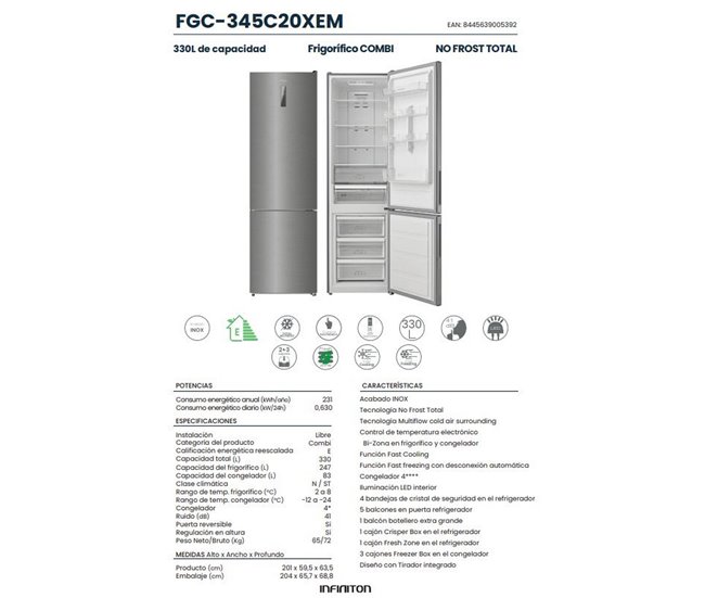 INFINITON Frigorifico Combinado FGC-345C20XEM, 330 l Inoxidavel