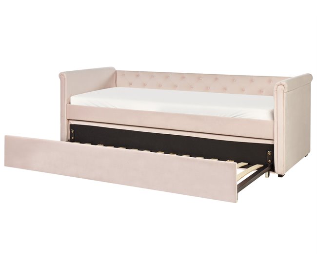 Beliani Cama com estrado Veludo LIBOURNE 102x220 Rosa Talco