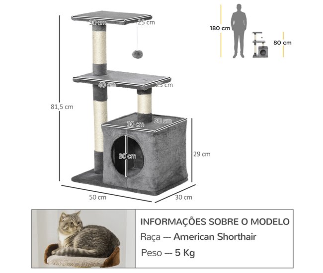 Arranhador para Gatos Aglomerado de Madeira, Pelúcia e Sisal Cinza