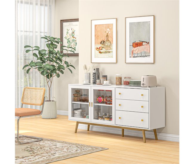 Aparador de Cozinha MDF, Vidro e Madeira de Borracha HOMCOM 160 Branco