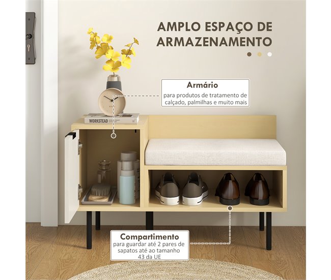 Banco Sapateira Melamina de Madeira e Metal HOMCOM Branco/ Madeira