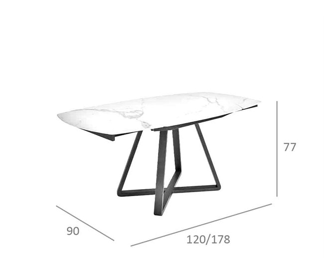 ANGEL CERDA Mesa de jantar extensível barril oval mármore porcelânico e aço preto 178x90 Branco