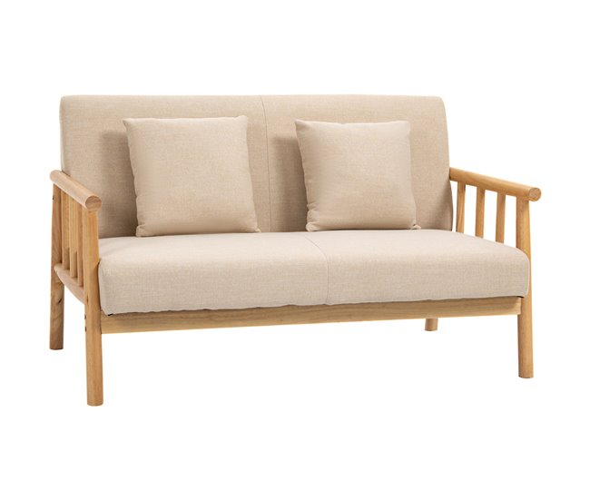 Sofá 2 lugares estofado em tecido bege com estrutura de madeira natural e almofadas acolchoadas, assento de espuma com molas em s, design nórdico moderno ideal para sala ou quarto