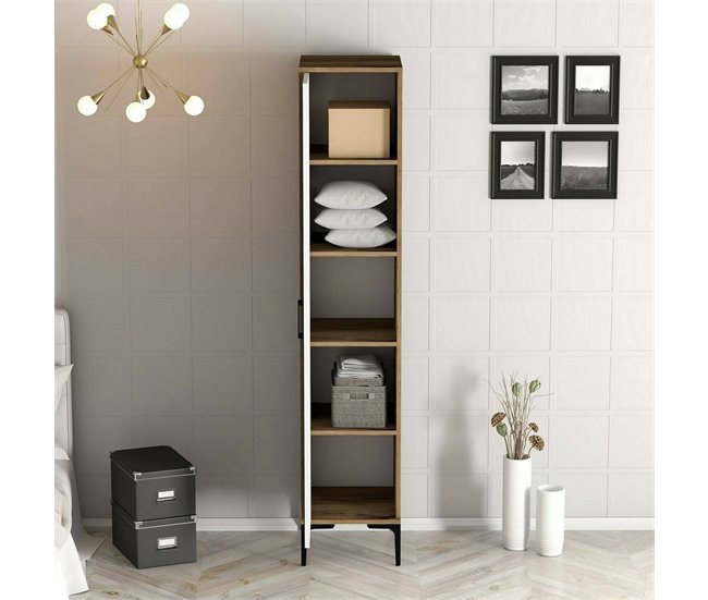 Armário multiuso com 1 porta efeito madeira Branco/ Madeira