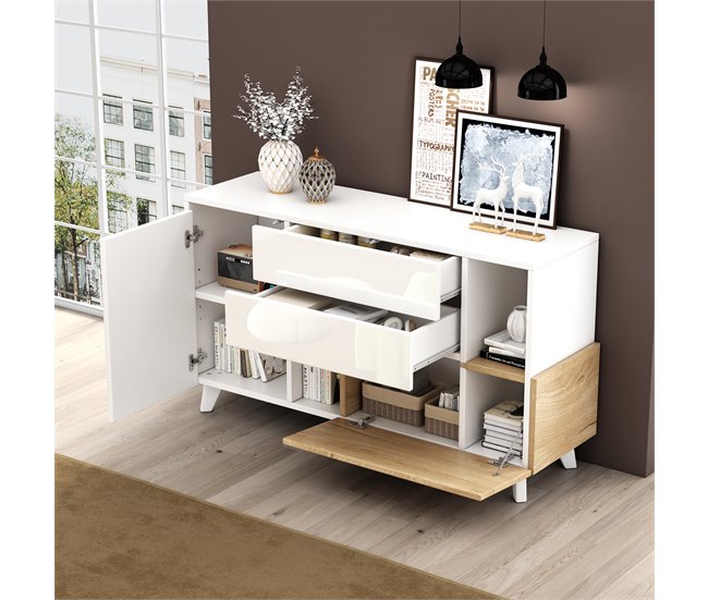 Aparador de painel de partículas com 2 portas e 2 gavetas Branco/ Madeira