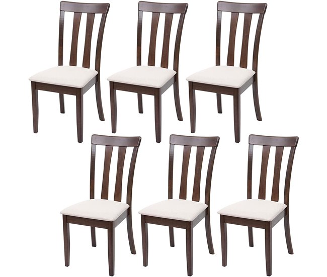 Conjunto de 6 cadeiras para sala de jantar em madeira maciça marrom escuro e assento em tecido creme cds04664