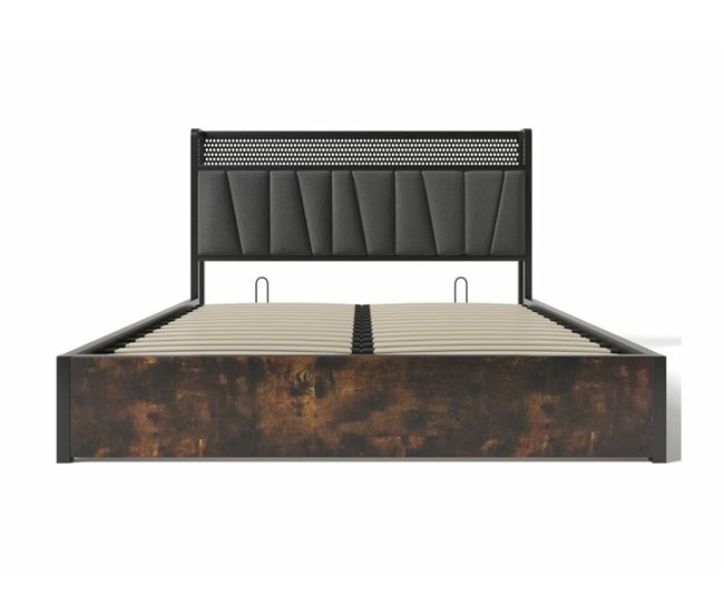 Cama de casal com arrumação em tecido e iluminação