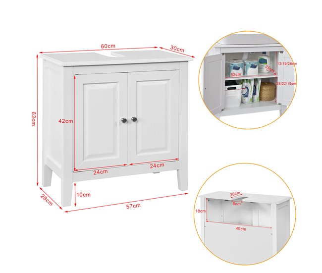 Armário inferior de 2 portas para lavatório FRG202-W SoBuy 60 Branco