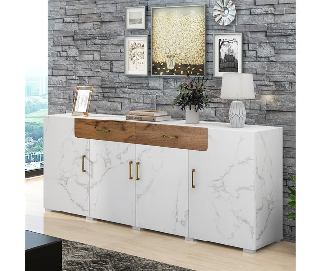 Aparador efeito mármore 4 portas 2 gavetas Branco