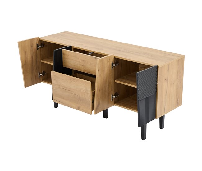 Aparador de painel de partículas com 4 portas e 2 gavetas Preto/ Madeira