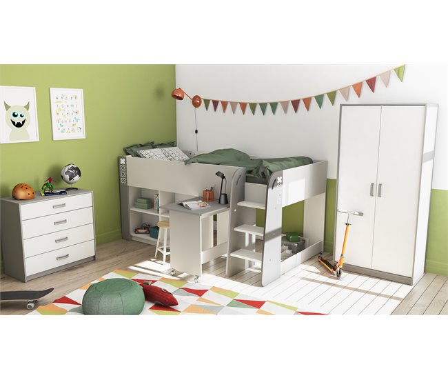 Cama compacta 90x200 cm GAME branca e cinza Branco/cinza