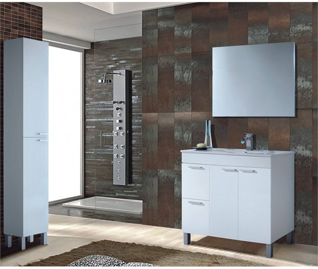 Armário de casa de banho com 2 portas, 2 gavetas e um espelho Dgabett 80 Branco Brillo
