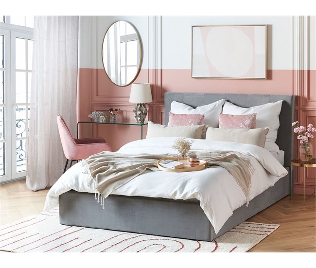 Beliani Cama com armazenamento Veludo LORIENT 157x216 Cinza Claro