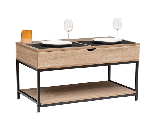 Mesa de centro elevatória Aliaj com compartimento interno Preto/ Madeira