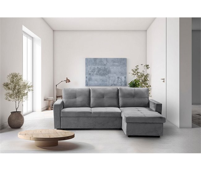 Sofá Cama Com Baú e Chaise Longue Cinza Claro
