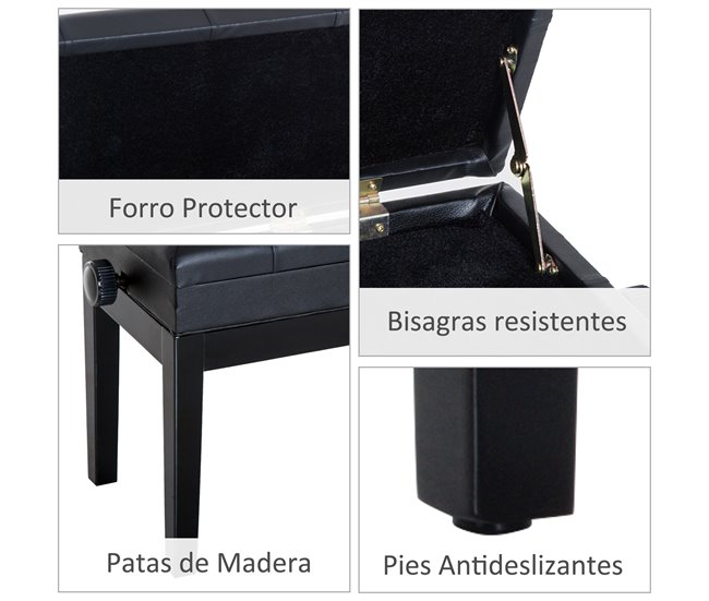 Banco de Piano Madeira de Borracha e Couro Sintético HOMCOM Preto