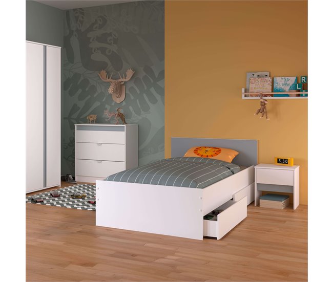 Cama jovem Germain com cabeceira moderna em melamina Branco