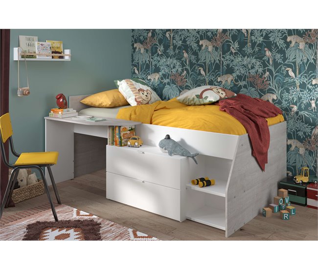 Cama infantil Valky com escrivaninha e 2 gavetas 203x135 Branco/cinza