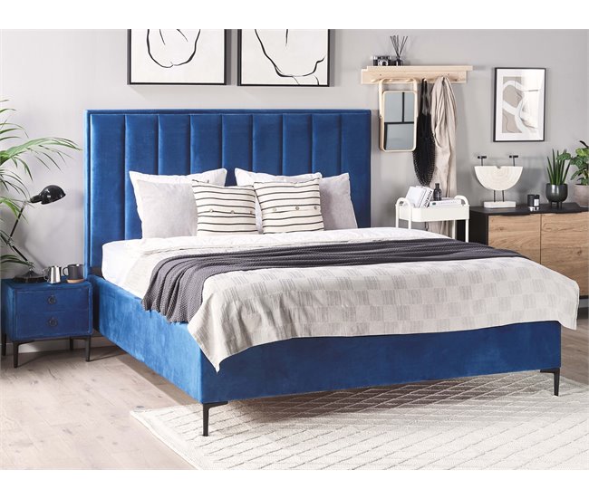 Beliani Cama com estrado Veludo SEZANNE 170x215 Azul Marino