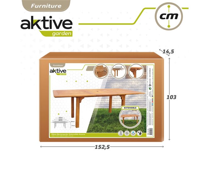 Mesa de jardim rectangular extensível em acácia para 6 pessoas Aktive Madeira