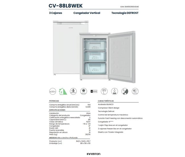 Congelador Vertical INFINITON CV-88L8WEK, 85 l, Descongelação, E Branco