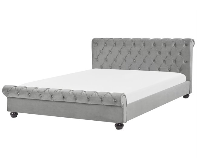 Beliani Cama com estrado Veludo AVALLON 233x192 Cinza Claro