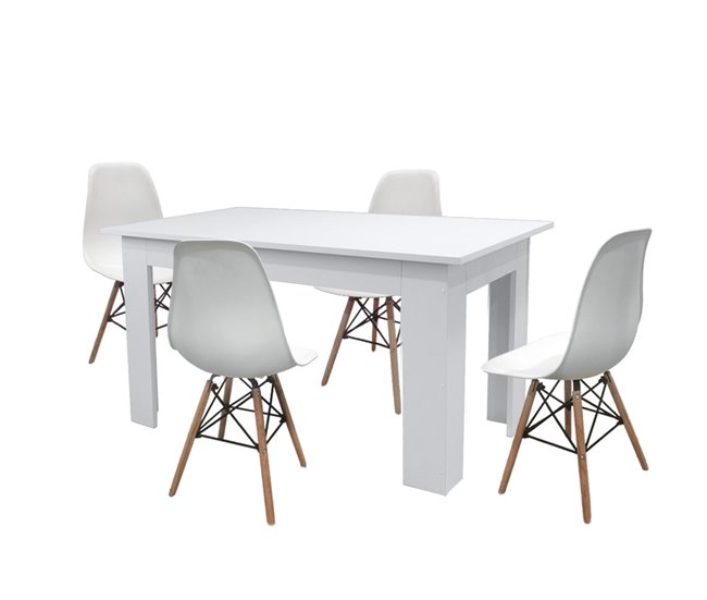 Pacote de mesa de jantar ou cozinha + 4 cadeiras estilo nórdico 138x80 Branco