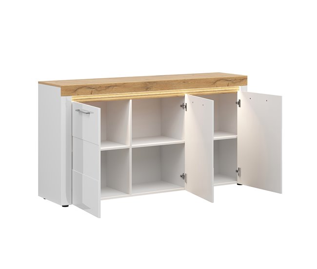 Aparador de 3 portas com LED Nara Natural/ Branco