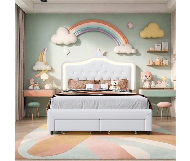 Cama, LED, cama adolescente, cama de casal, gavetas Branco