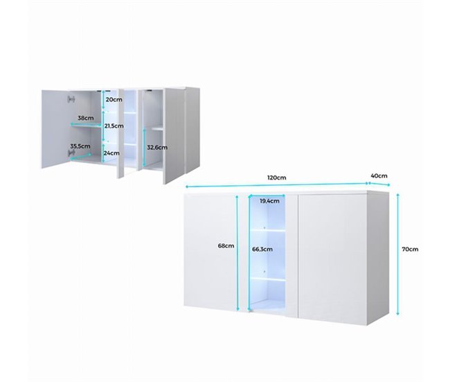 Aparador Sala de estar e jantar 3 portas LED Luke A1 120 Branco/ Preto