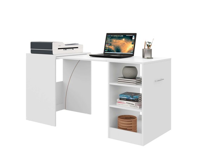Mesa de escritório Ashe com 3 prateleiras retráteis, melamina Branco