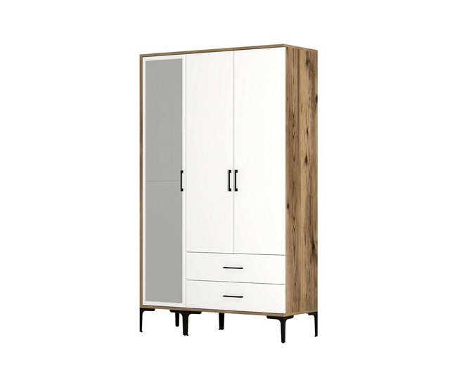 Armário de 3 portas com efeito madeira 120 Branco/ Madeira