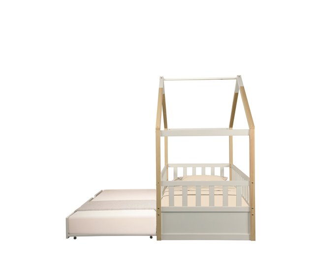 Cama nido de madeira maciça WOOD 90x190 cm em branco natural Branco/ Madeira