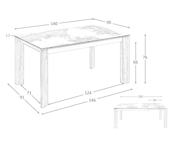 ANGEL CERDA Mesa de jantar extensível retangular mármore porcelânico e nogueira 200x90 Natural/ Branco