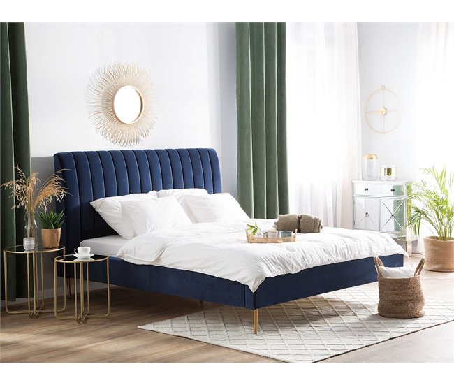 Beliani Cama com estrado Veludo MARVILLE 198x225 Azul Marino
