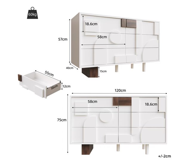 Aparador com efeito madeira e frente em relevo geométrico Branco
