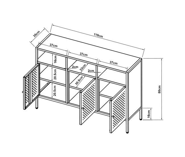 Aparador de aço Janakkala com 3 portas Preto