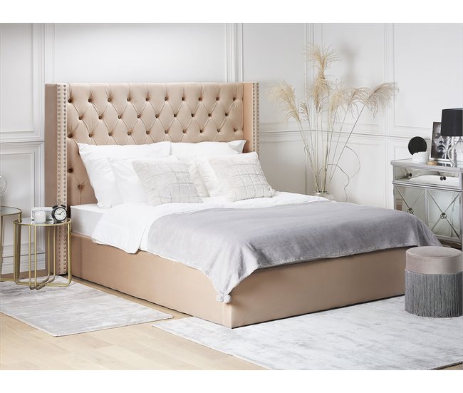 Beliani Cama com armazenamento Veludo LUBBON 190x217 Bege