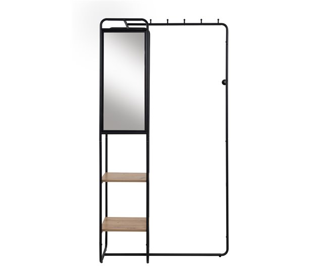 Móvel para hall de entrada com espelho e 2 prateleiras LUTON Preto/ Madeira