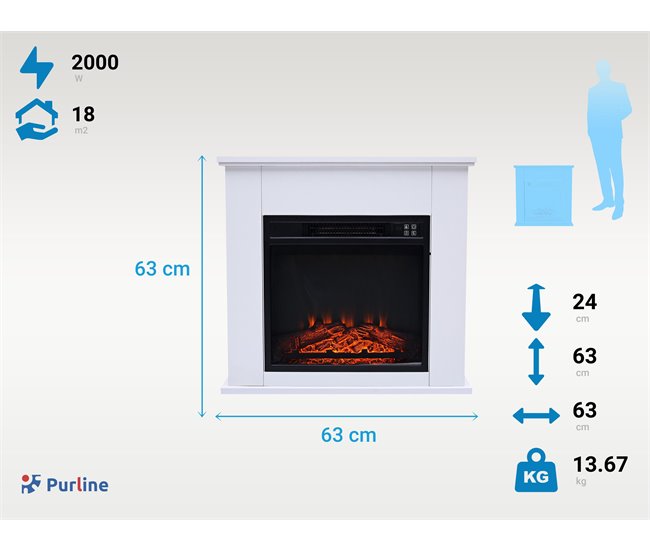 Lareira eléctrica independente de 2kW em aço lacado com controlo Branco