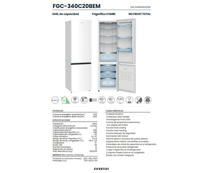 Frigorífico combinado INFINITON FGC-340C20BEM, 340 l, Total No Frost Branco
