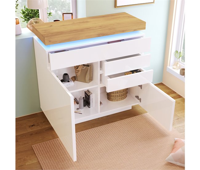 Aparador de painel de partículas com 2 portas e 3 gavetas Natural/ Branco