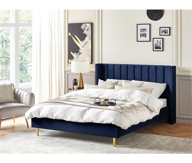 Beliani Cama com estrado Veludo VILLETTE Azul Marino