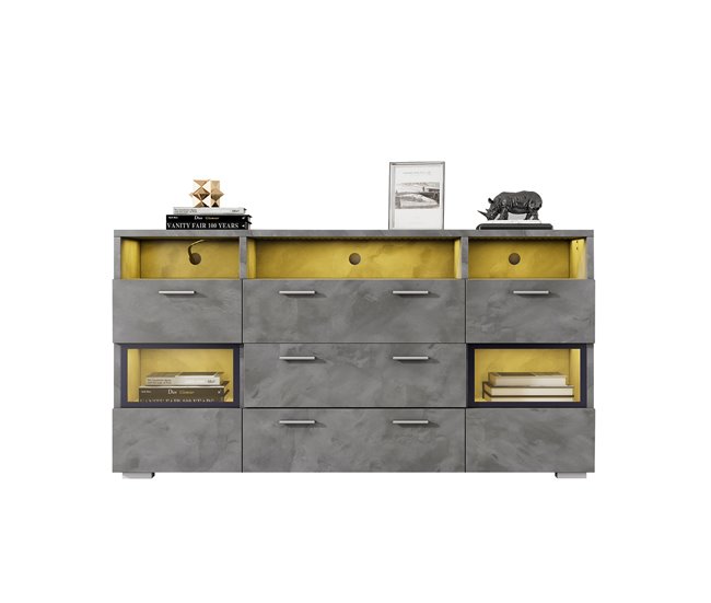 Aparador de painel de partículas com 2 portas e 3 gavetas Cinza