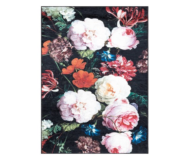 ANDRE 1629 Tapete flores vintage antiderrapante 80x150 Preto