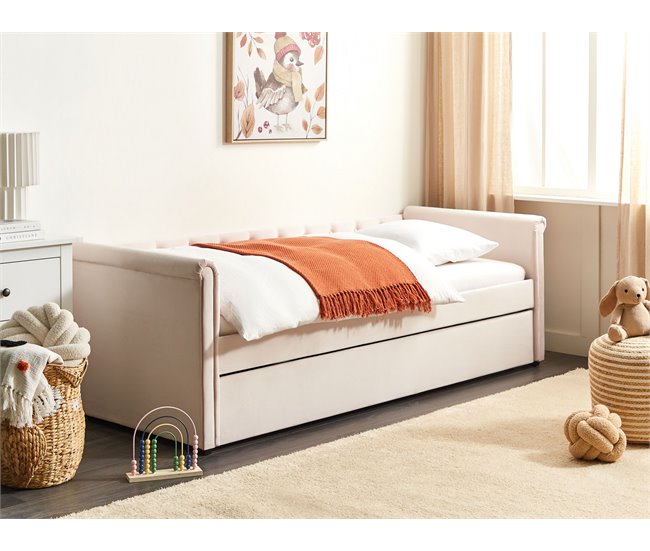 Beliani Cama com estrado Veludo LIBOURNE 102x220 Rosa Talco
