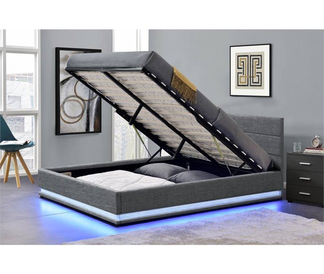 Cama LED com baú 140x190 Cinza Escuro
