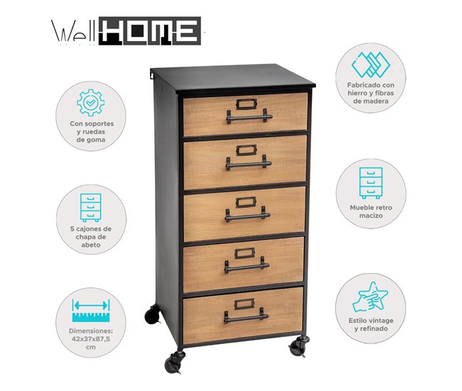 WELL HOME - Gaveta para arquivos com decoração retrô Preto